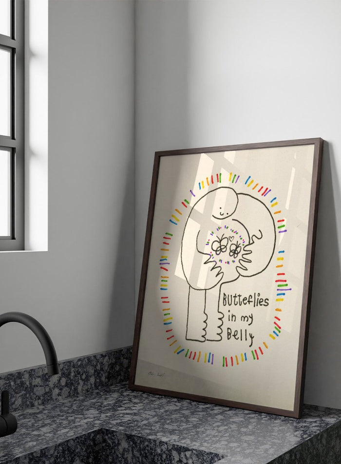 Illustration of a person with butterflies and text 'Butterflies in my Belly' on a beige background. Butterflies by Eden Kalif is a playful modern line art print with colorful details and text, a contemporary minimalist wall poster with expressive and fun design.