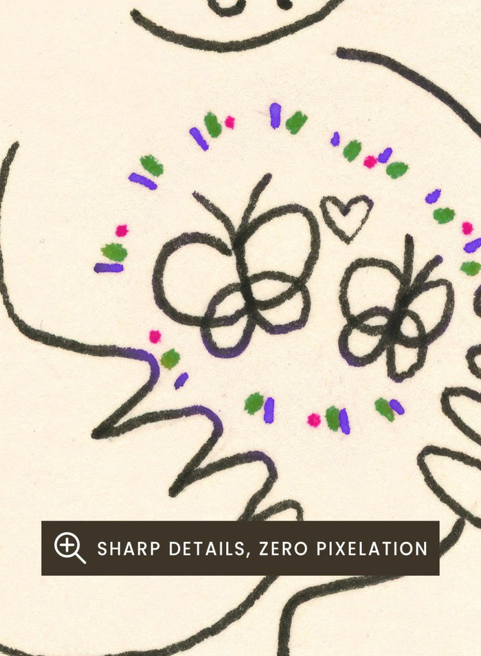 Illustration of a person with butterflies and text 'Butterflies in my Belly' on a beige background. Butterflies by Eden Kalif is a playful modern line art print with colorful details and text, a contemporary minimalist wall poster with expressive and fun design.