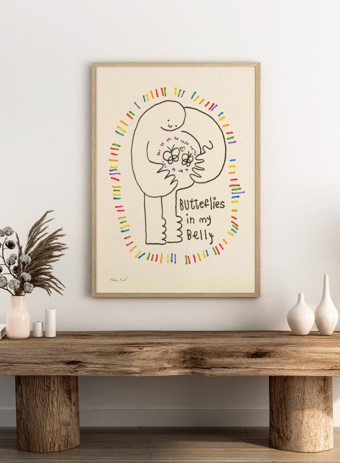 Illustration of a person with butterflies and text 'Butterflies in my Belly' on a beige background. Butterflies by Eden Kalif is a playful modern line art print with colorful details and text, a contemporary minimalist wall poster with expressive and fun design.