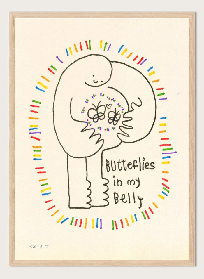 Illustration of a person with butterflies and text 'Butterflies in my Belly' on a beige background. Butterflies by Eden Kalif is a playful modern line art print with colorful details and text, a contemporary minimalist wall poster with expressive and fun design.