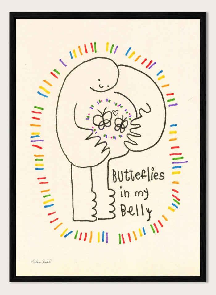 Illustration of a person with butterflies and text 'Butterflies in my Belly' on a beige background. Butterflies by Eden Kalif is a playful modern line art print with colorful details and text, a contemporary minimalist wall poster with expressive and fun design.