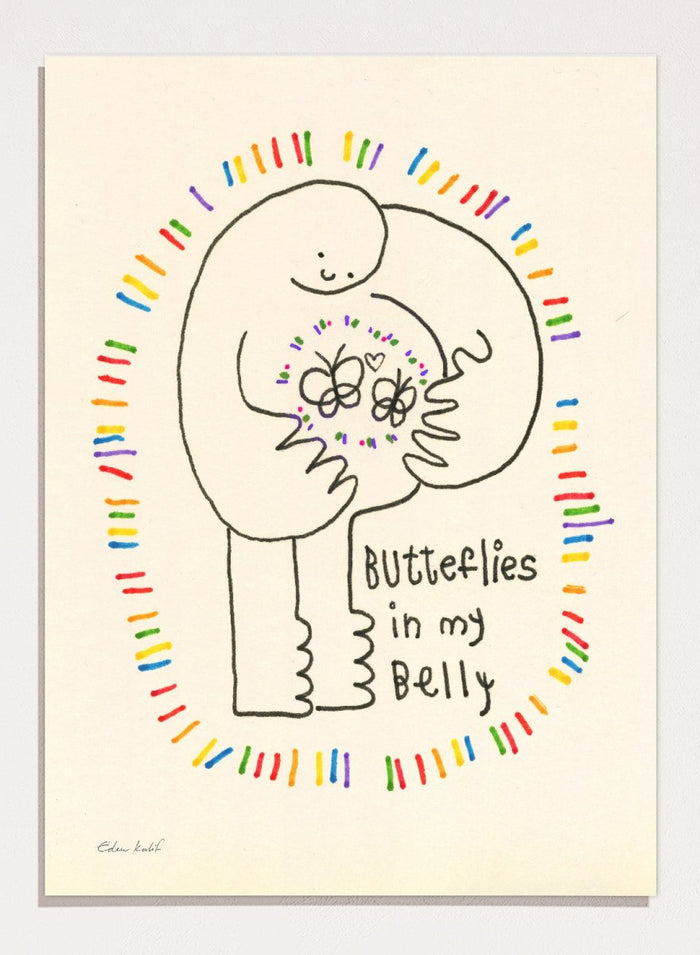 Illustration of a person with butterflies and text 'Butterflies in my Belly' on a beige background. Butterflies by Eden Kalif is a playful modern line art print with colorful details and text, a contemporary minimalist wall poster with expressive and fun design.