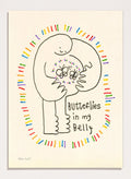 Illustration of a person with butterflies and text 'Butterflies in my Belly' on a beige background. Butterflies by Eden Kalif is a playful modern line art print with colorful details and text, a contemporary minimalist wall poster with expressive and fun design.