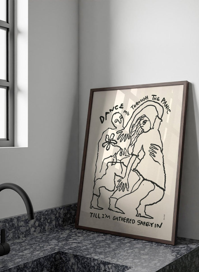 Black and white illustration of two figures embracing with text above and below. Dance Me To the End of Love by Eden Kalif is a modern figurative line art print with expressive figures and text, a contemporary minimalist wall poster about connection.