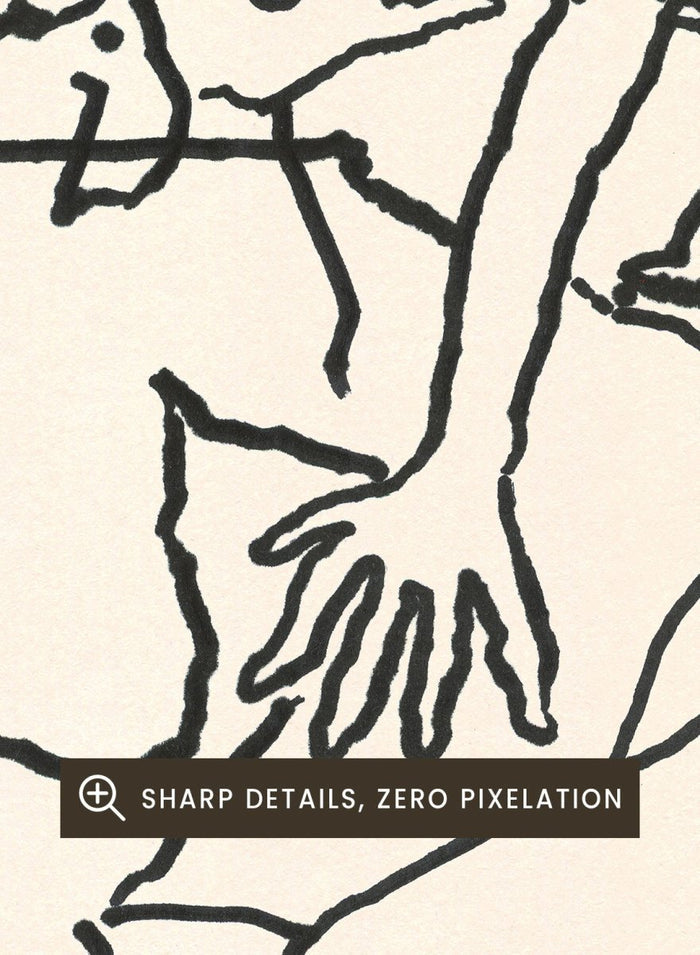 Black and white illustration of two figures embracing with text above and below. Dance Me To the End of Love by Eden Kalif is a modern figurative line art print with expressive figures and text, a contemporary minimalist wall poster about connection.