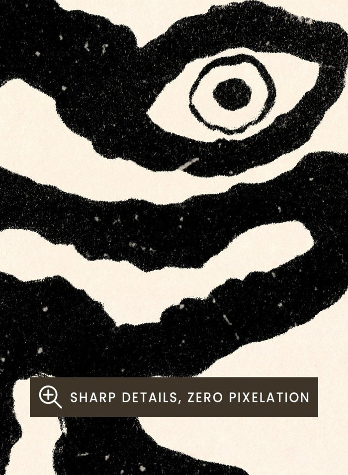 Framed artwork of a black and white creature with cat-like features and snake-like body. I Am Animals by Eden Kalif is a modern minimalist line art print featuring abstract animal forms in a bold black and white contemporary wall poster design.