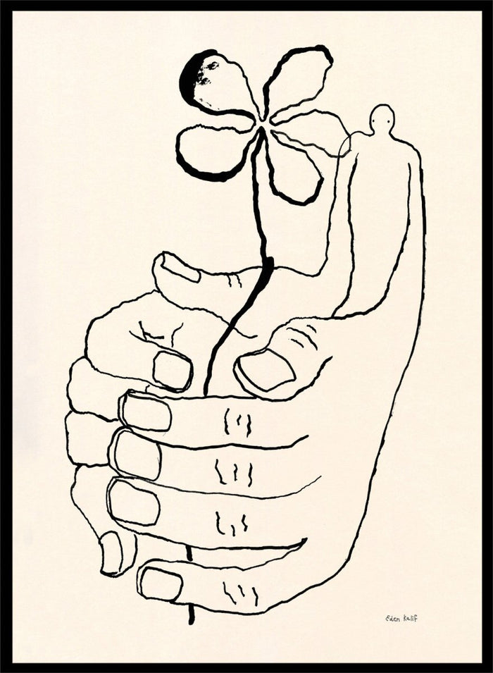 Black line drawing of a hand holding a flower on a beige background. Let It Grow by Eden Kalif is a modern line art print featuring a hand holding a flower with a human figure, designed as a minimalist contemporary wall poster.