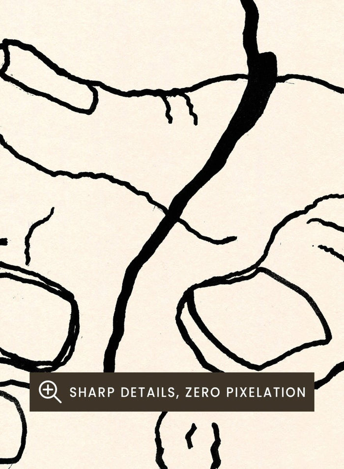 Black line drawing of a hand holding a flower on a beige background. Let It Grow by Eden Kalif is a modern line art print featuring a hand holding a flower with a human figure, designed as a minimalist contemporary wall poster.