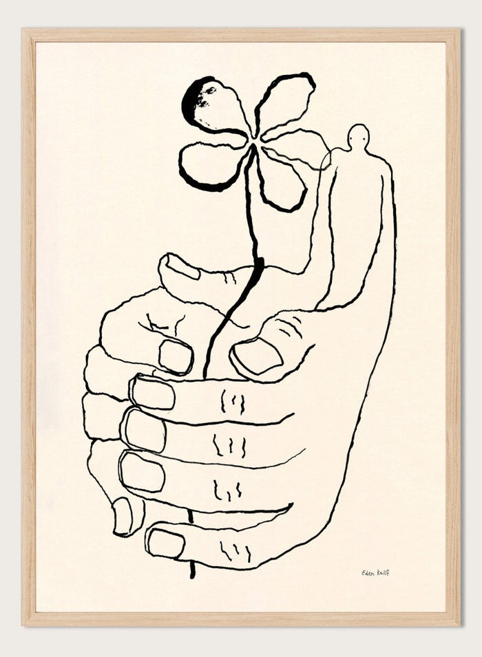 Black line drawing of a hand holding a flower on a beige background. Let It Grow by Eden Kalif is a modern line art print featuring a hand holding a flower with a human figure, designed as a minimalist contemporary wall poster.