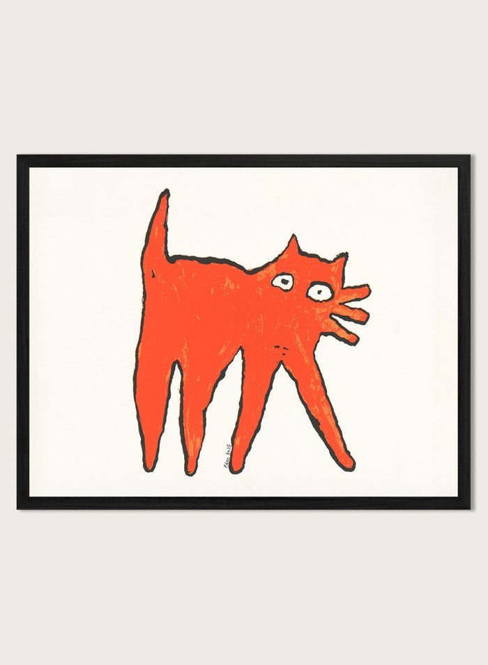 Framed illustration of a orange cat on a white background. Orange Cat by Eden Kalif is a modern cat art print in bold orange, a contemporary minimalist wall poster with playful form and expressive line work.