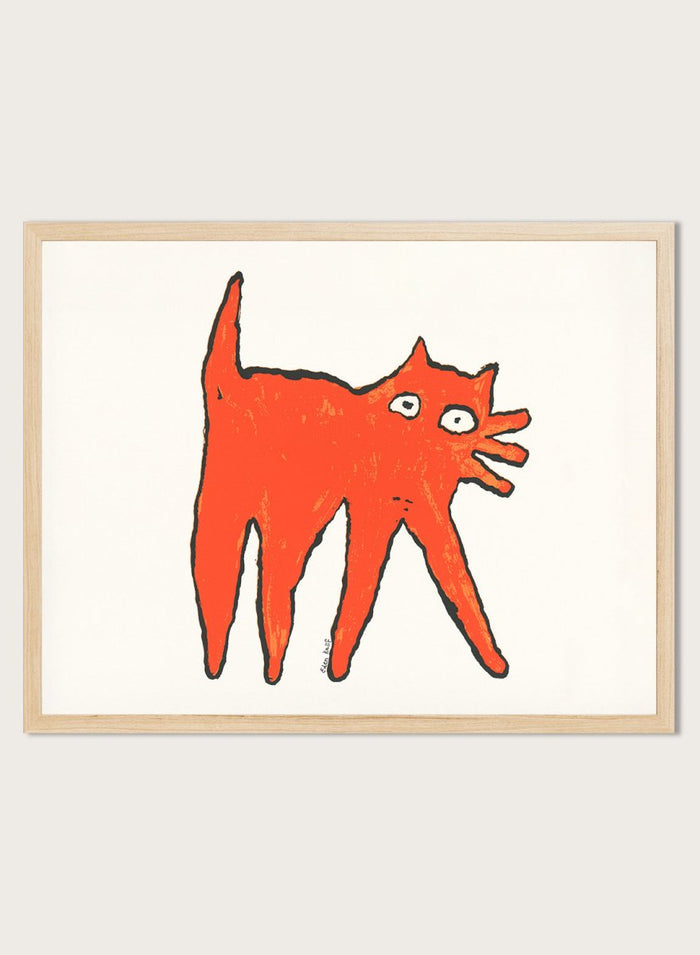 Framed illustration of a orange cat on a white background. Orange Cat by Eden Kalif is a modern cat art print in bold orange, a contemporary minimalist wall poster with playful form and expressive line work.