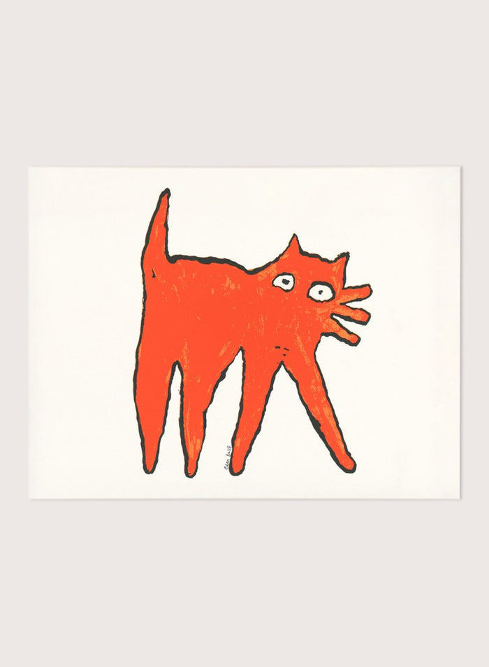 Framed illustration of a orange cat on a white background. Orange Cat by Eden Kalif is a modern cat art print in bold orange, a contemporary minimalist wall poster with playful form and expressive line work.