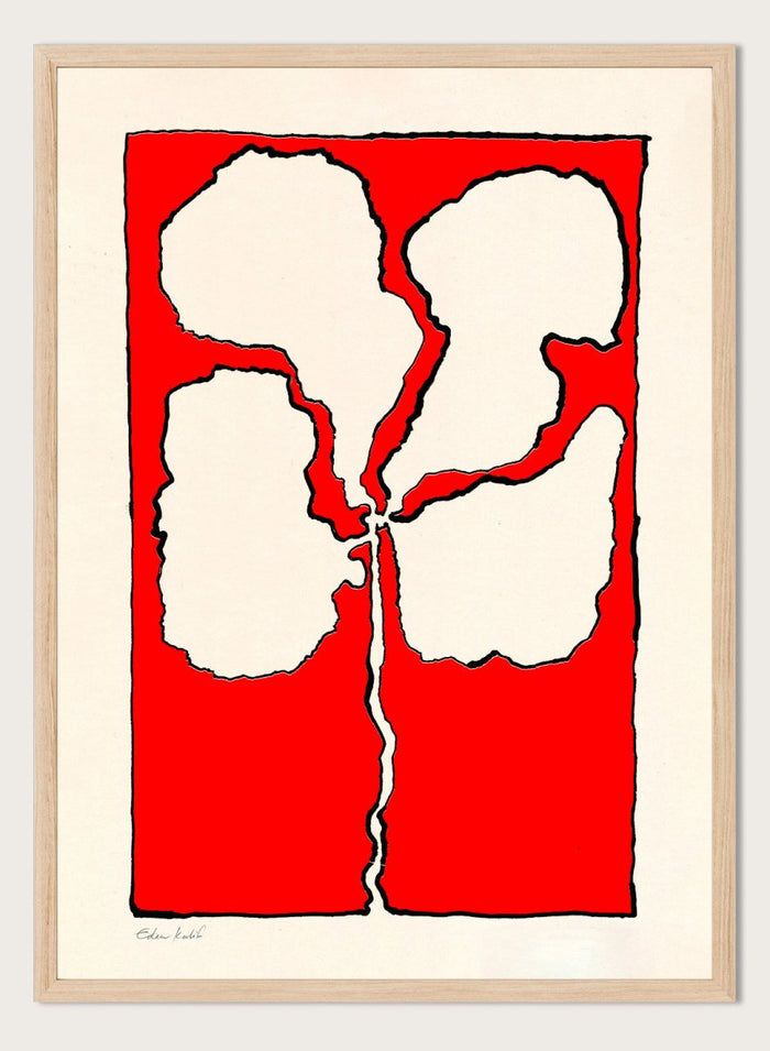 Abstract floral artwork with white shapes on a red background. Red Flower by Eden Kalif is a modern floral art print featuring bold red background and abstract flower form in a contemporary graphic wall poster design.