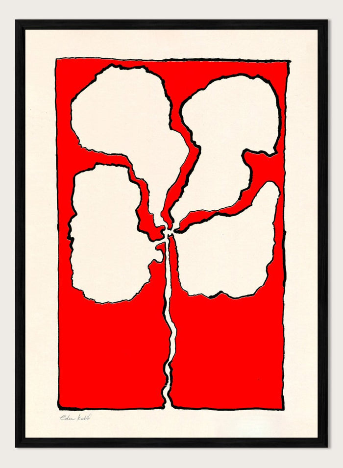 Abstract floral artwork with white shapes on a red background. Red Flower by Eden Kalif is a modern floral art print featuring bold red background and abstract flower form in a contemporary graphic wall poster design.