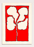 Abstract floral artwork with white shapes on a red background. Red Flower by Eden Kalif is a modern floral art print featuring bold red background and abstract flower form in a contemporary graphic wall poster design.