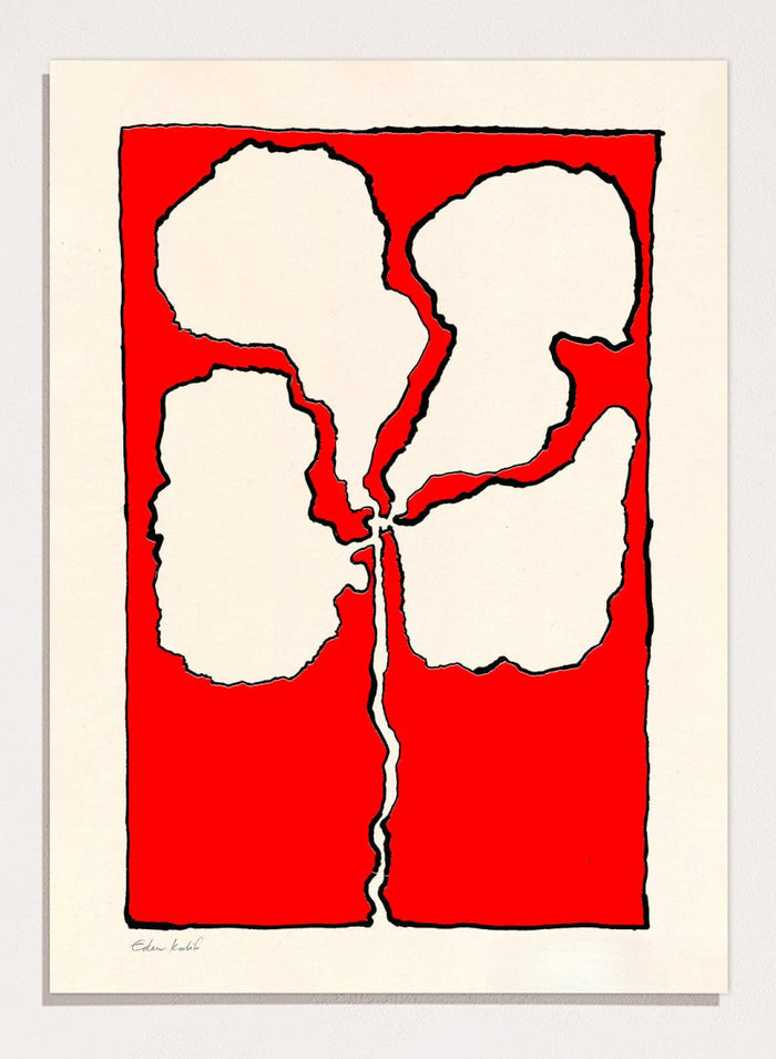 Abstract floral artwork with white shapes on a red background. Red Flower by Eden Kalif is a modern floral art print featuring bold red background and abstract flower form in a contemporary graphic wall poster design.