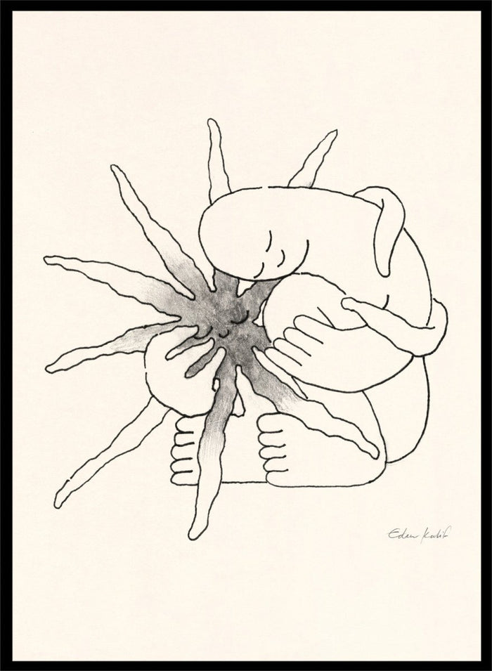 Black and white line art of a person embracing a sun figure on a beige background. Sunshine Love by Eden Kalif is a modern line art print featuring a figure holding a sun in a minimalist contemporary wall poster design.