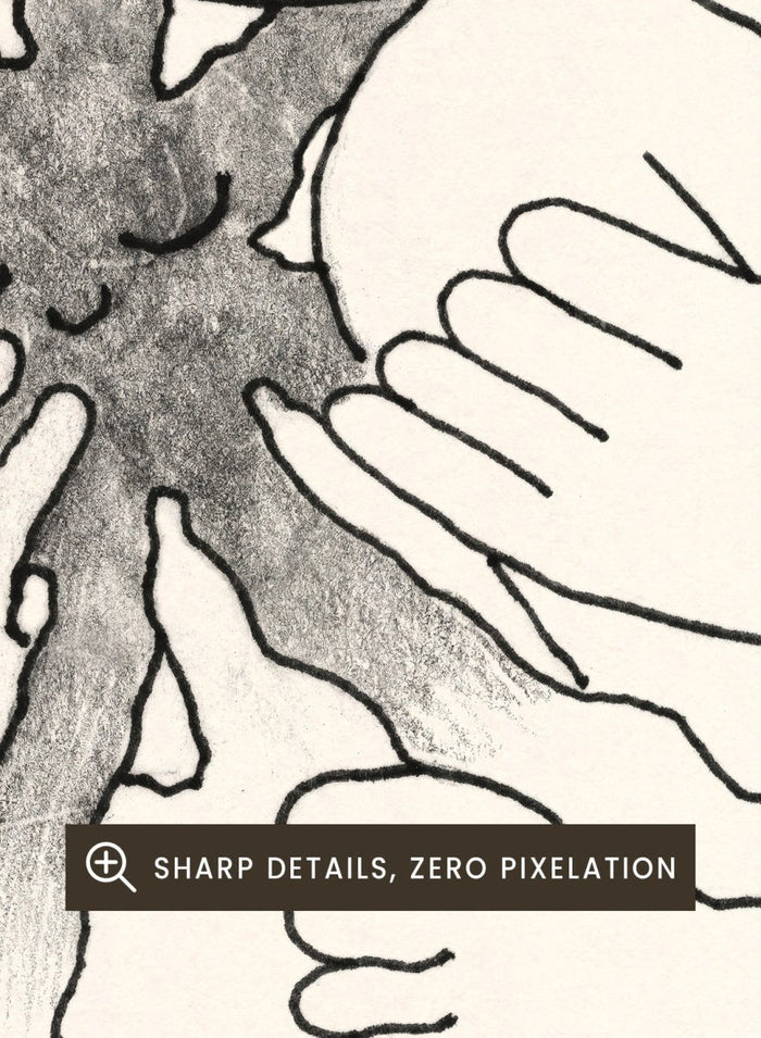 Black and white line art of a person embracing a sun figure on a beige background. Sunshine Love by Eden Kalif is a modern line art print featuring a figure holding a sun in a minimalist contemporary wall poster design.