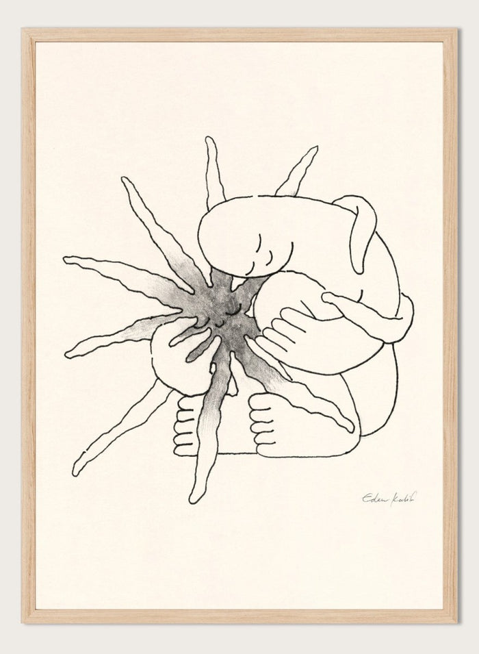 Black and white line art of a person embracing a sun figure on a beige background. Sunshine Love by Eden Kalif is a modern line art print featuring a figure holding a sun in a minimalist contemporary wall poster design.