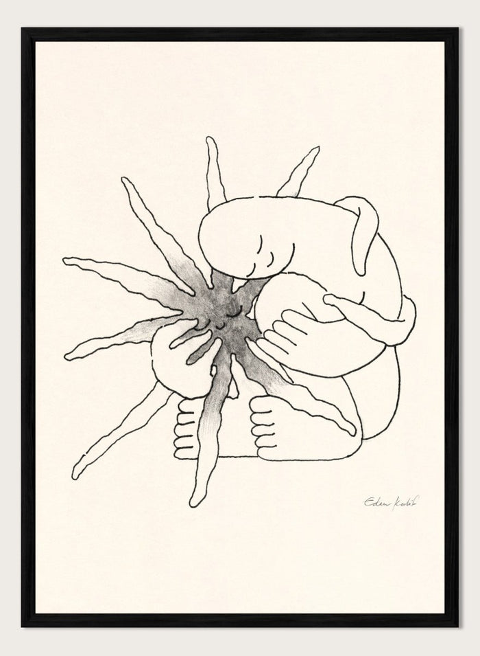 Black and white line art of a person embracing a sun figure on a beige background. Sunshine Love by Eden Kalif is a modern line art print featuring a figure holding a sun in a minimalist contemporary wall poster design.