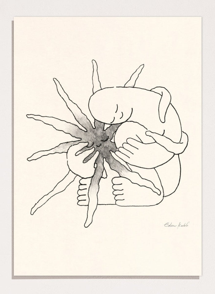 Black and white line art of a person embracing a sun figure on a beige background. Sunshine Love by Eden Kalif is a modern line art print featuring a figure holding a sun in a minimalist contemporary wall poster design.