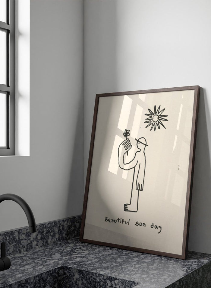 Black line drawing of a person with a flower and a sun, with 'Beautiful sun day' text on a beige background. Untitled by Eden Kalif is a modern line art print of a figure holding a flower under the sun, a contemporary minimalist wall poster with simple expressive drawing.