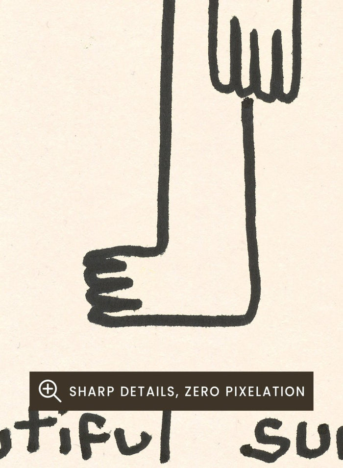 Black line drawing of a person with a flower and a sun, with 'Beautiful sun day' text on a beige background. Untitled by Eden Kalif is a modern line art print of a figure holding a flower under the sun, a contemporary minimalist wall poster with simple expressive drawing.