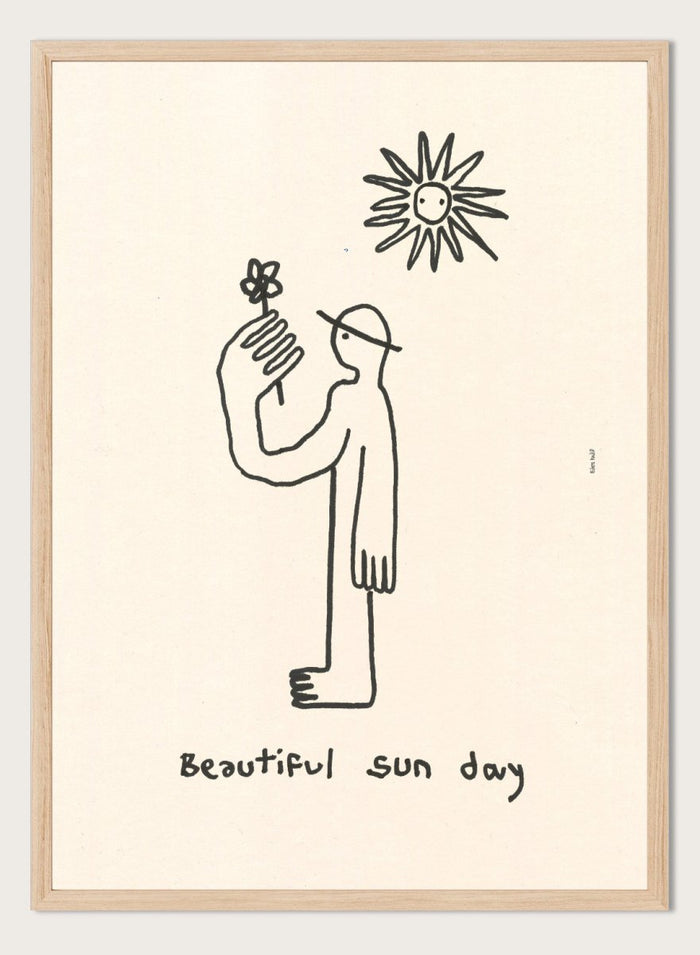 Black line drawing of a person with a flower and a sun, with 'Beautiful sun day' text on a beige background. Untitled by Eden Kalif is a modern line art print of a figure holding a flower under the sun, a contemporary minimalist wall poster with simple expressive drawing.