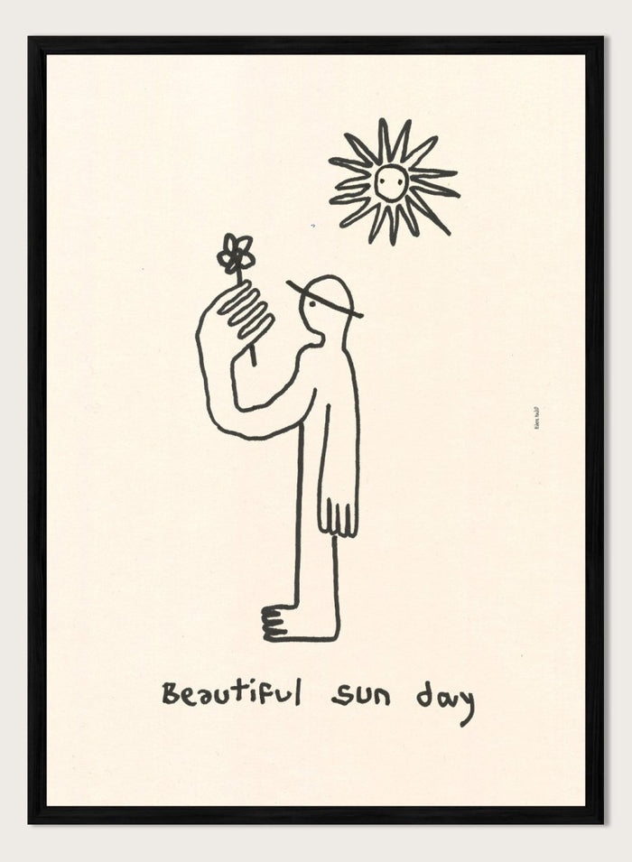 Black line drawing of a person with a flower and a sun, with 'Beautiful sun day' text on a beige background. Untitled by Eden Kalif is a modern line art print of a figure holding a flower under the sun, a contemporary minimalist wall poster with simple expressive drawing.