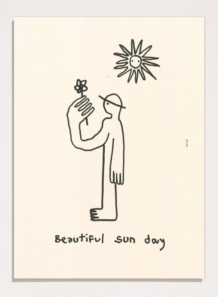 Black line drawing of a person with a flower and a sun, with 'Beautiful sun day' text on a beige background. Untitled by Eden Kalif is a modern line art print of a figure holding a flower under the sun, a contemporary minimalist wall poster with simple expressive drawing.
