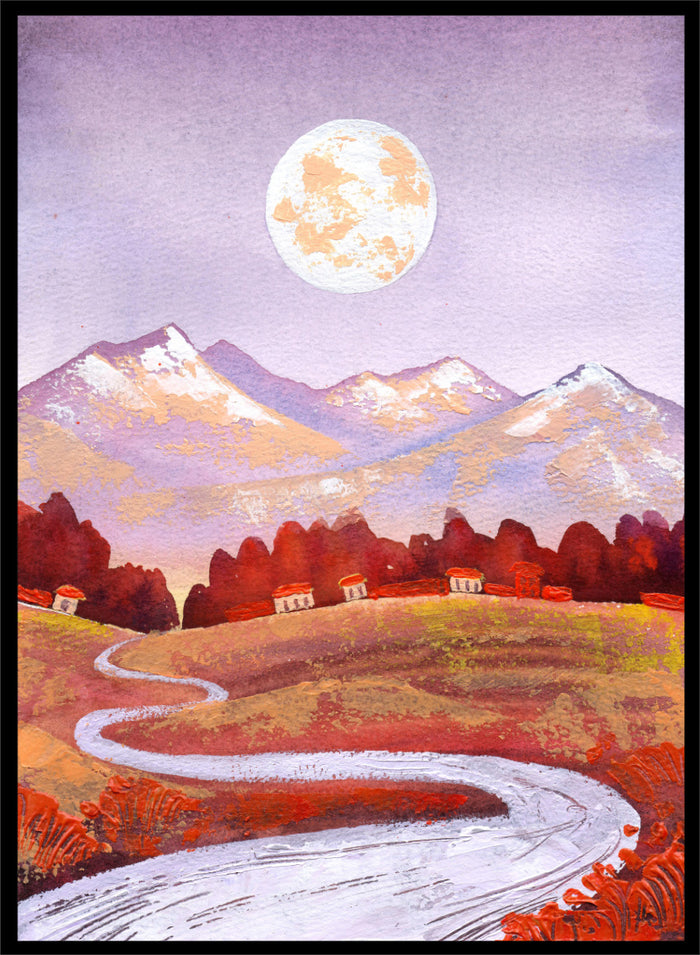 Shop Moonlit Mountain Village by Ekaterina Prisich, a mountain landscape art print featuring a winding road, village homes, a full moon, and soft evening color.