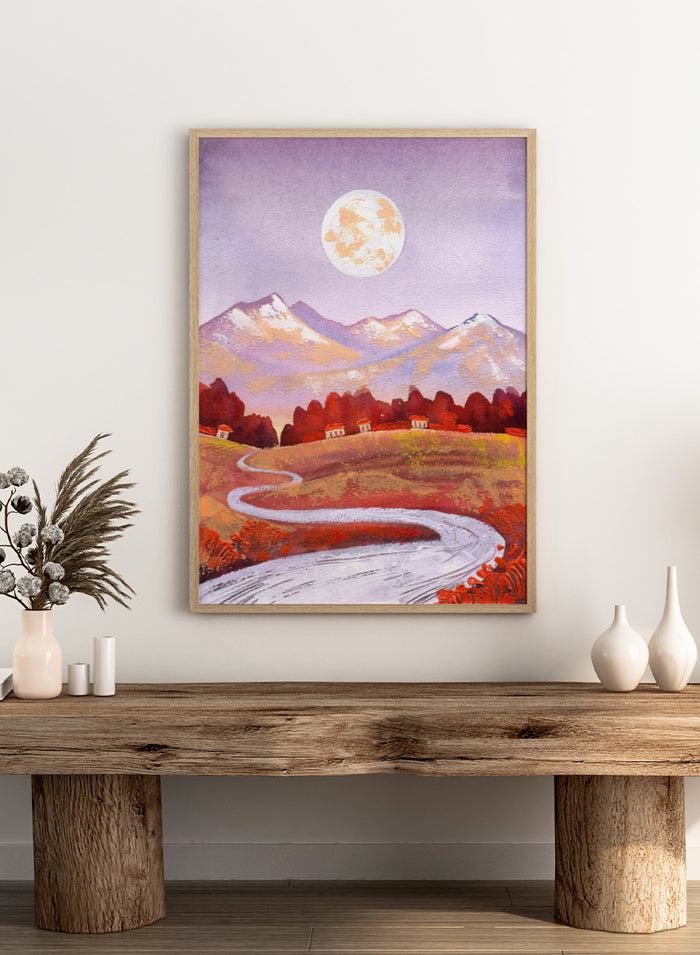 Shop Moonlit Mountain Village by Ekaterina Prisich, a mountain landscape art print featuring a winding road, village homes, a full moon, and soft evening color.