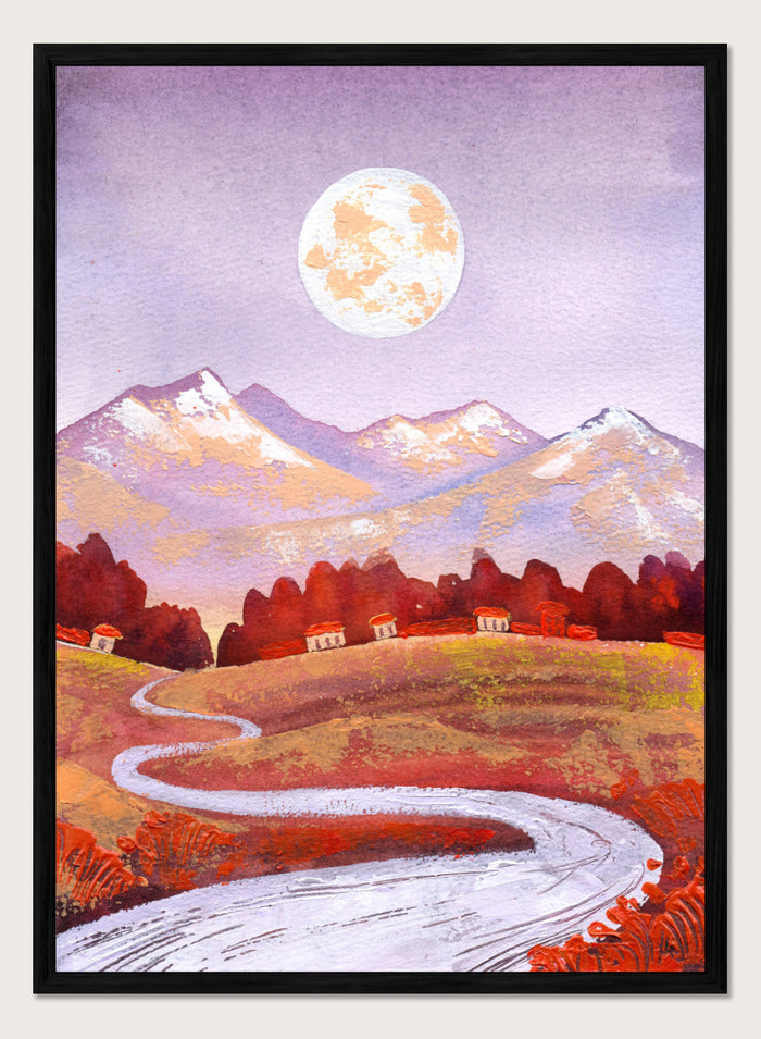 Shop Moonlit Mountain Village by Ekaterina Prisich, a mountain landscape art print featuring a winding road, village homes, a full moon, and soft evening color.