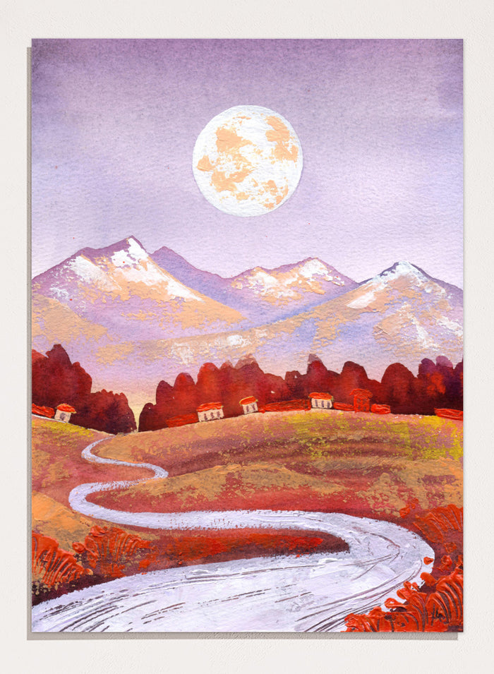 Shop Moonlit Mountain Village by Ekaterina Prisich, a mountain landscape art print featuring a winding road, village homes, a full moon, and soft evening color.