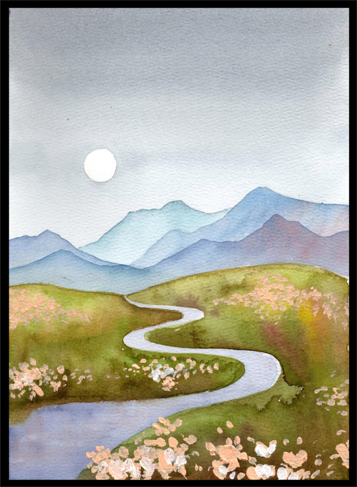 Watercolor landscape painting of a winding river flowing through green hills with pink flowers, blue mountains in the background, and a white sun in a gray sky. Shop Serene Mountain Path by Ekaterina Prisich, a landscape art print featuring a winding valley path, blue mountains, soft flowers, and a white moon.
