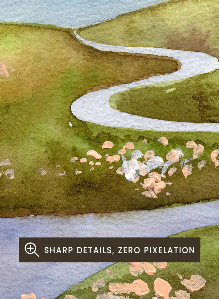 Watercolor landscape painting of a winding river flowing through green hills with pink flowers, blue mountains in the background, and a white sun in a gray sky. Shop Serene Mountain Path by Ekaterina Prisich, a landscape art print featuring a winding valley path, blue mountains, soft flowers, and a white moon.