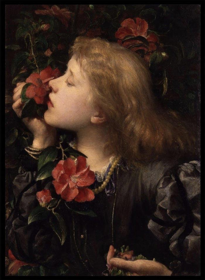 Ellen Terry ('Choosing') by George Frederic Watts is a vintage Victorian portrait print of a young woman holding pink camellias and violets among dark leaves.