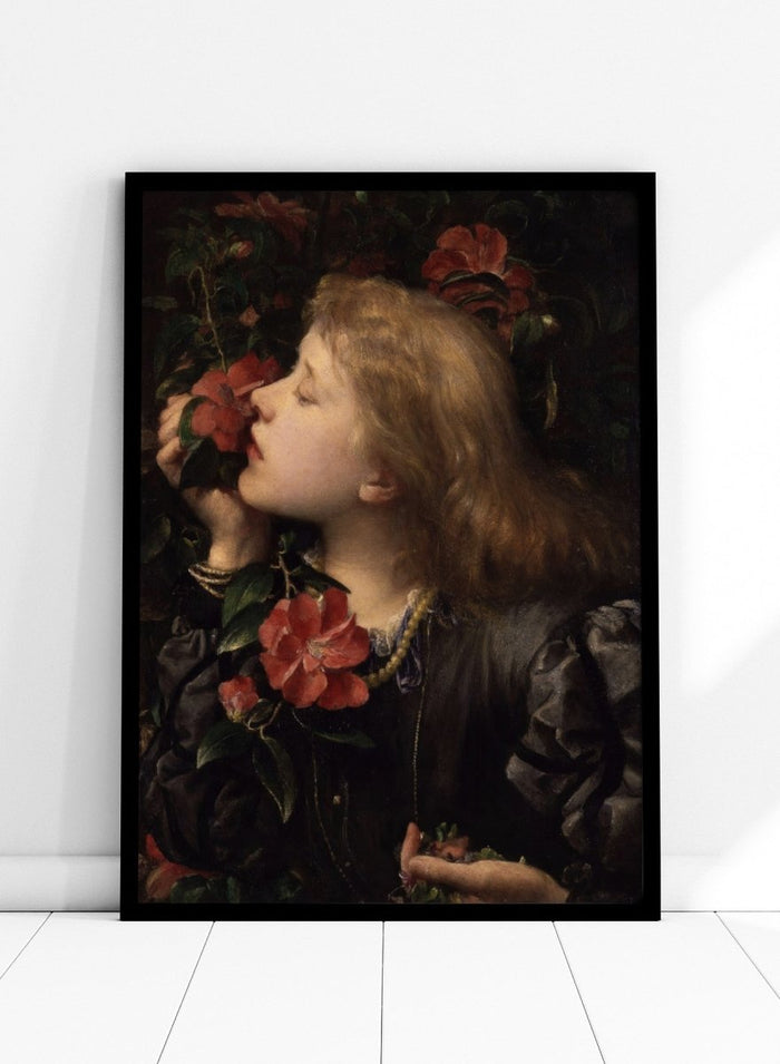 Ellen Terry ('Choosing') by George Frederic Watts is a vintage Victorian portrait print of a young woman holding pink camellias and violets among dark leaves.