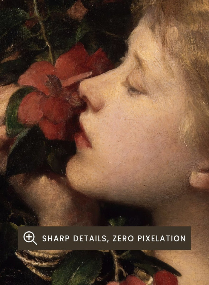 Ellen Terry ('Choosing') by George Frederic Watts is a vintage Victorian portrait print of a young woman holding pink camellias and violets among dark leaves.