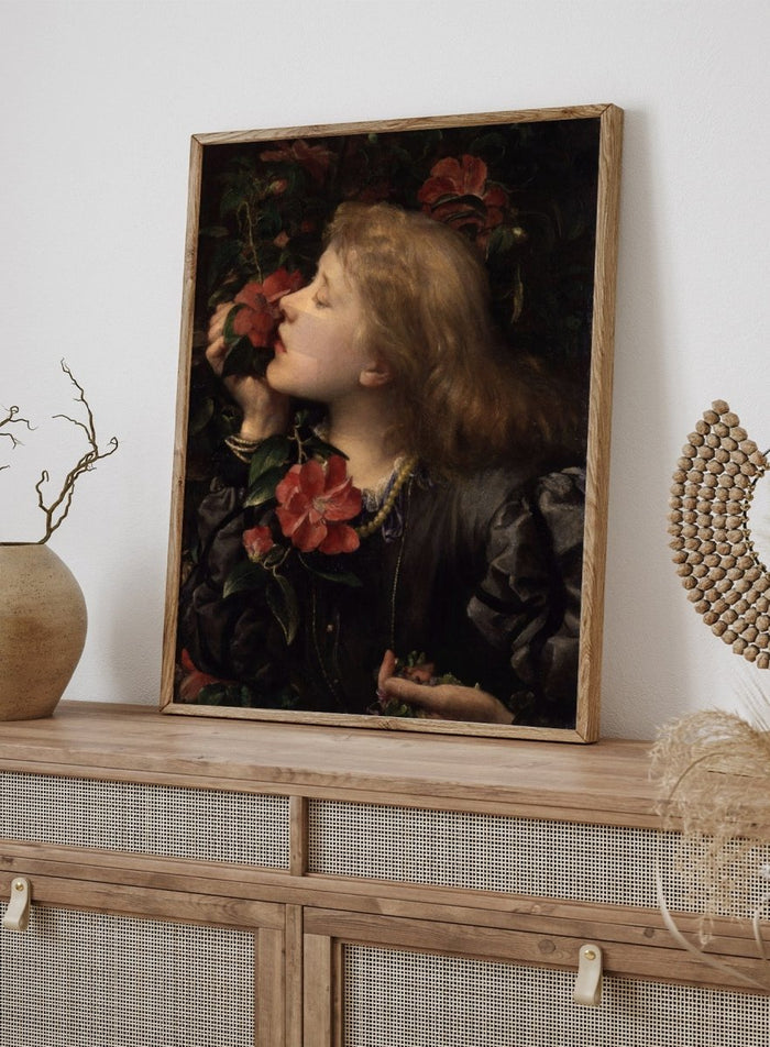 Ellen Terry ('Choosing') by George Frederic Watts is a vintage Victorian portrait print of a young woman holding pink camellias and violets among dark leaves.