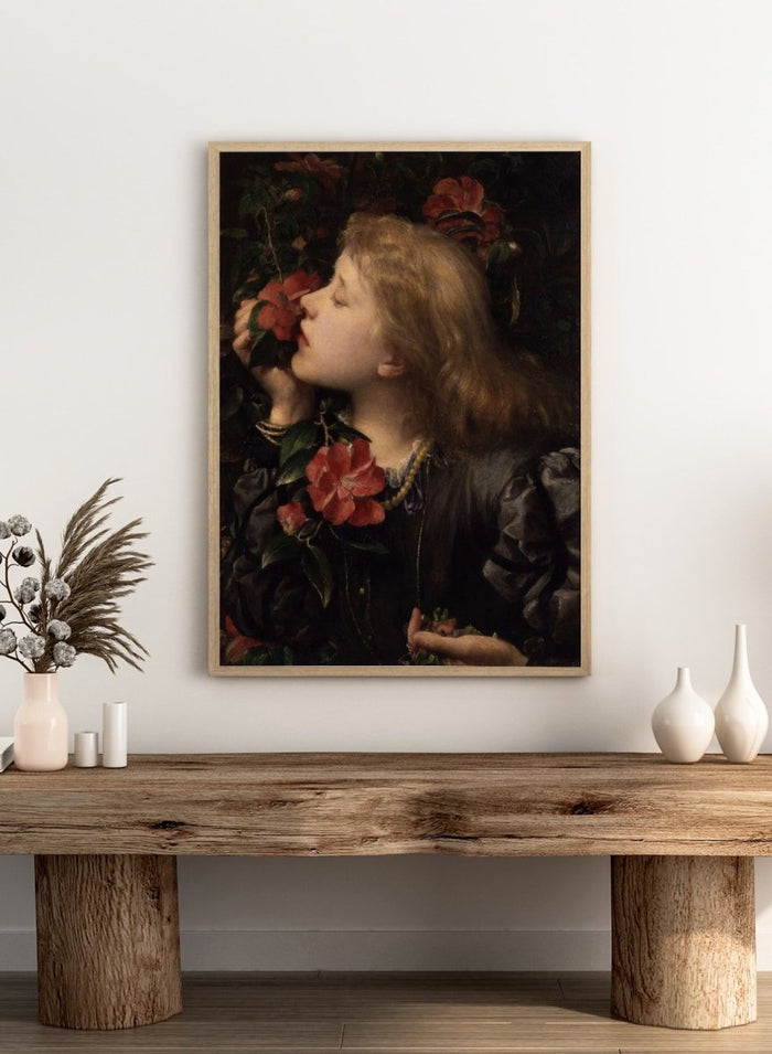 Ellen Terry ('Choosing') by George Frederic Watts is a vintage Victorian portrait print of a young woman holding pink camellias and violets among dark leaves.