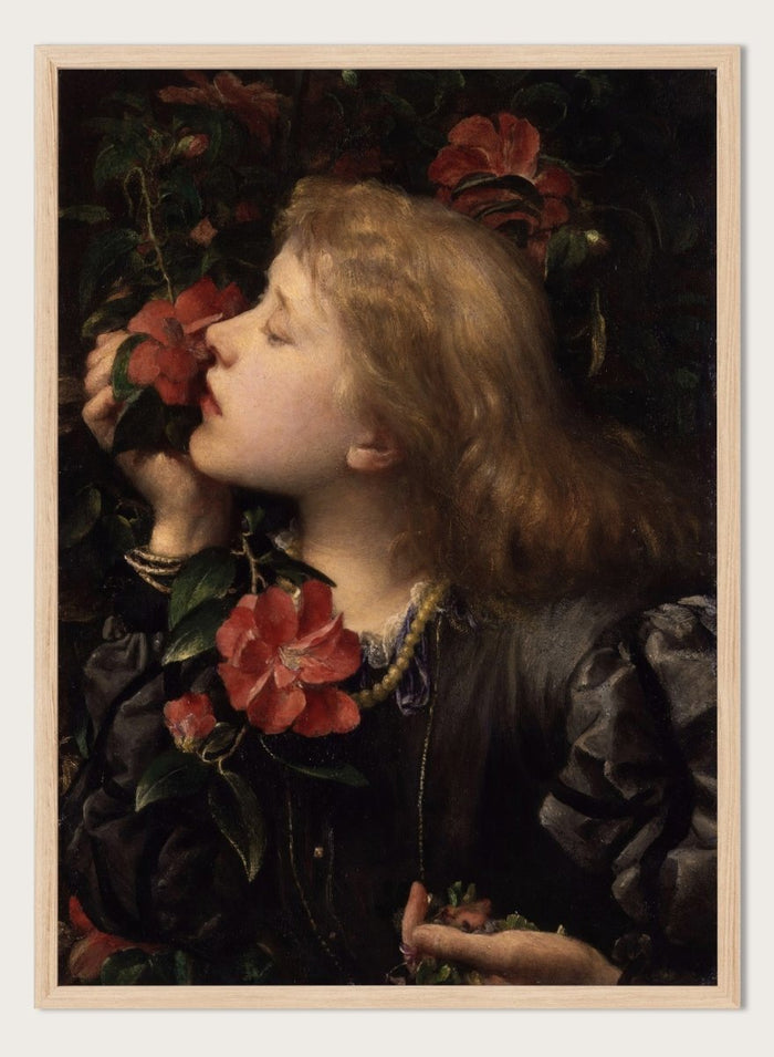 Ellen Terry ('Choosing') by George Frederic Watts is a vintage Victorian portrait print of a young woman holding pink camellias and violets among dark leaves.