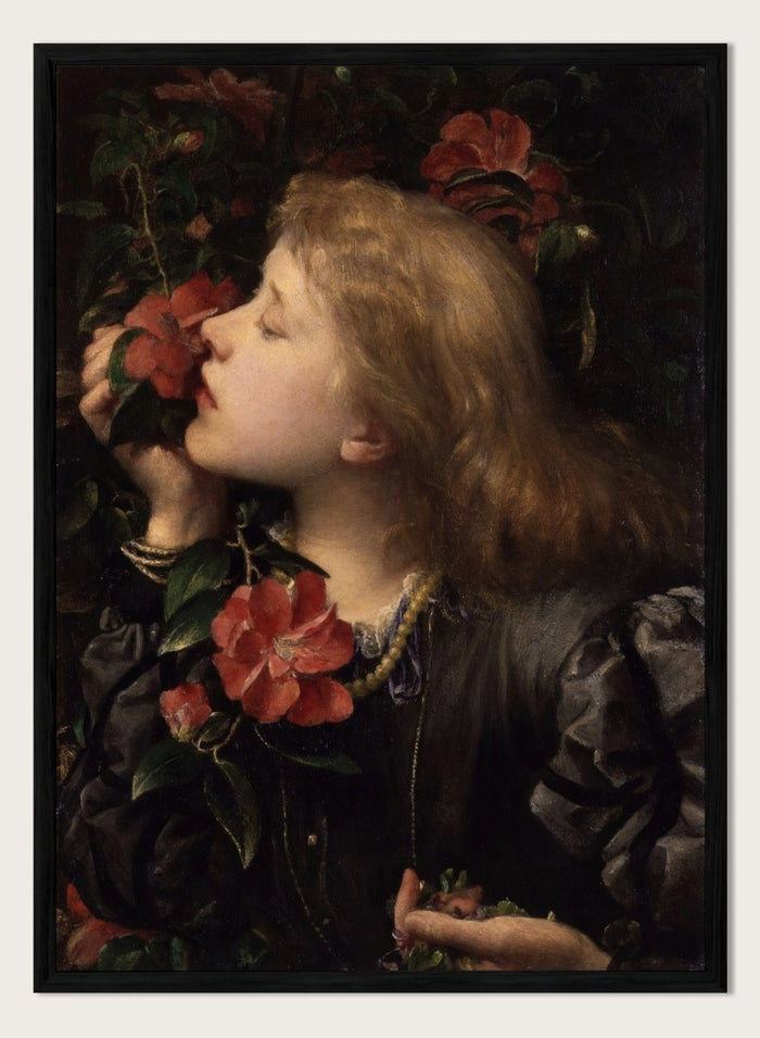 Ellen Terry ('Choosing') by George Frederic Watts is a vintage Victorian portrait print of a young woman holding pink camellias and violets among dark leaves.