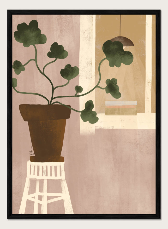A minimalist art print depicting a potted green plant on a white stool against a dusty pink wall, with a window and hanging lamp in the background. Shop Cozy Houseplant Window by Elsa Nätterdal, a modern botanical interior art print featuring a leafy plant, soft neutral tones, and a cozy home setting.