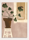 A minimalist art print depicting a potted green plant on a white stool against a dusty pink wall, with a window and hanging lamp in the background. Shop Cozy Houseplant Window by Elsa Nätterdal, a modern botanical interior art print featuring a leafy plant, soft neutral tones, and a cozy home setting.