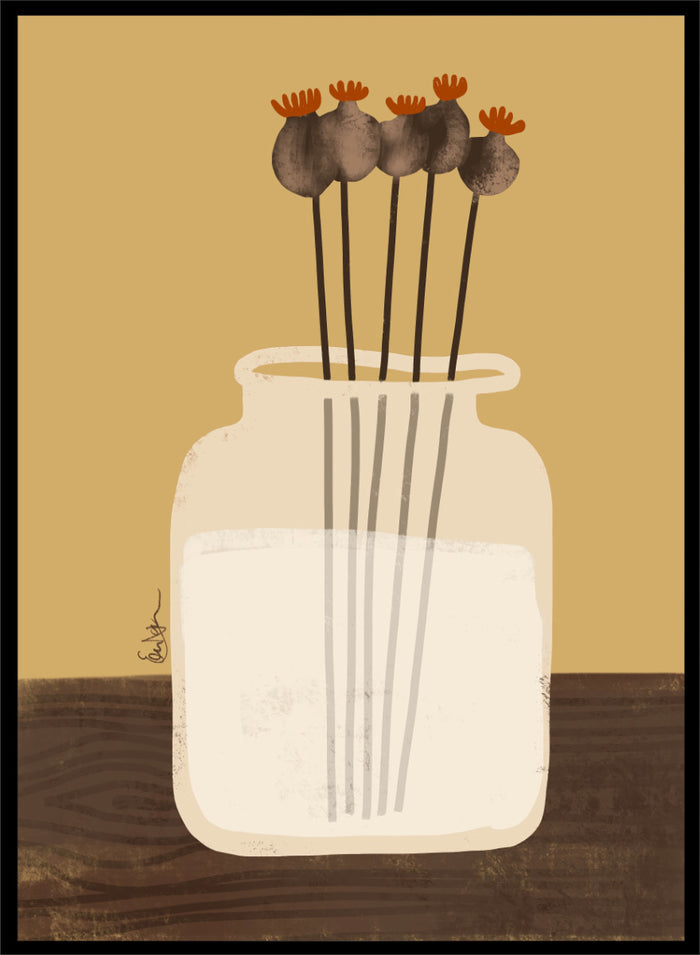 A stylized art print depicting a white glass jar filled with water, holding four dried poppy pods with orange tops, set against a warm tan background and a dark brown wooden surface. Shop Dried Poppy Pods Vase by Elsa Nätterdal, a botanical still life art print featuring dried poppy pods, a cream vase, and warm autumn tones.