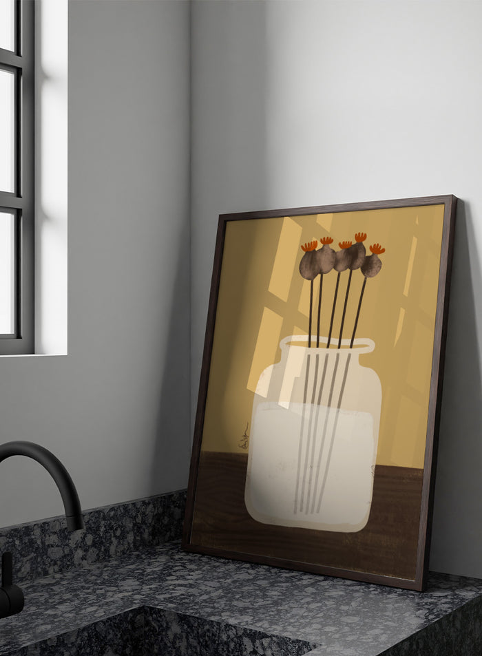 A stylized art print depicting a white glass jar filled with water, holding four dried poppy pods with orange tops, set against a warm tan background and a dark brown wooden surface. Shop Dried Poppy Pods Vase by Elsa Nätterdal, a botanical still life art print featuring dried poppy pods, a cream vase, and warm autumn tones.