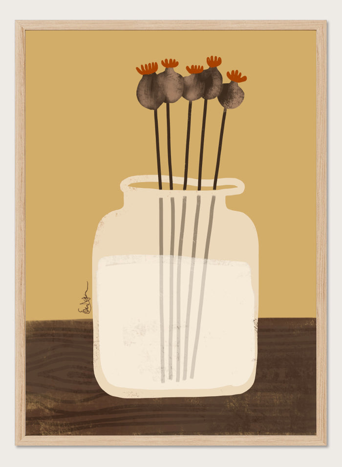 A stylized art print depicting a white glass jar filled with water, holding four dried poppy pods with orange tops, set against a warm tan background and a dark brown wooden surface. Shop Dried Poppy Pods Vase by Elsa Nätterdal, a botanical still life art print featuring dried poppy pods, a cream vase, and warm autumn tones.