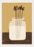 A stylized art print depicting a white glass jar filled with water, holding four dried poppy pods with orange tops, set against a warm tan background and a dark brown wooden surface. Shop Dried Poppy Pods Vase by Elsa Nätterdal, a botanical still life art print featuring dried poppy pods, a cream vase, and warm autumn tones.
