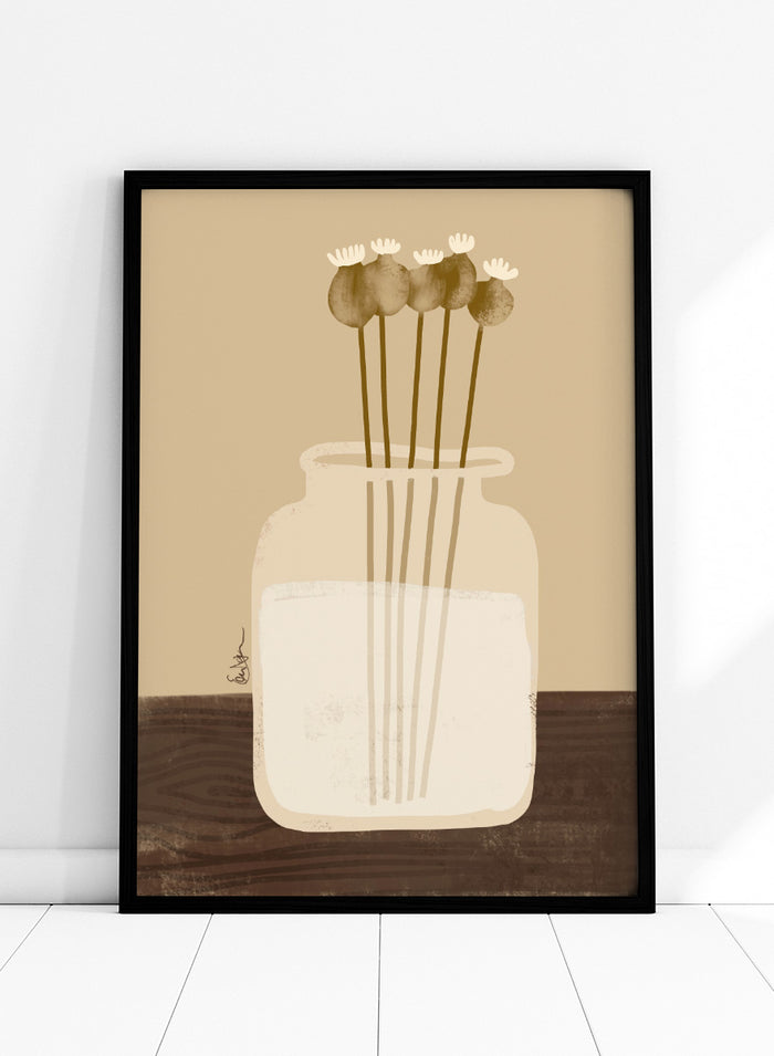 A minimalist art print depicting a clear glass jar filled with white flowers on a dark brown wooden surface against a warm beige background. Shop Rustic Poppy Still Life by Elsa Nätterdal, a botanical still life art print featuring dried poppy pods, a cream vase, and warm earthy tones.